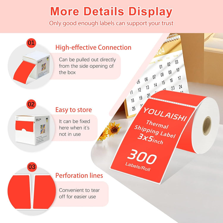 3 X 5 Inch Printable Rectangle Color Coding Labels, 300 Per Roll Adhesive Color Coding Stickers for Bar-Codes, Address, Small Business Labeling, Inventory, Fluorescent Red
