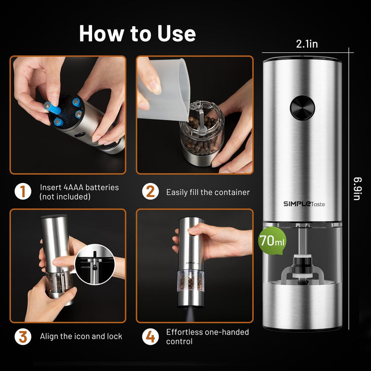 Electric Salt and Pepper Grinder Set with Battery Operated (2 Count)