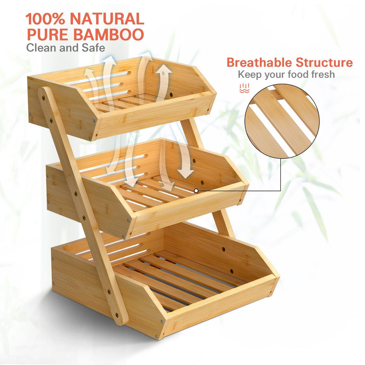 3 Tier Bamboo Fruit Basket for Kitchen Counter
