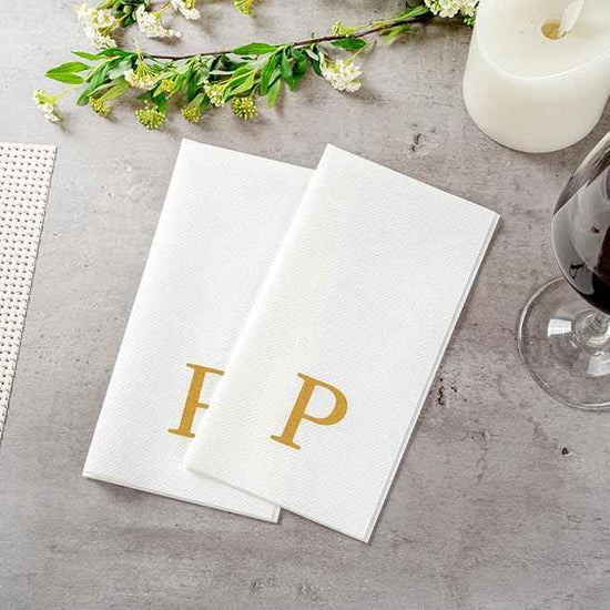 Luxenap 15.8 X 7.9 Inch Linen-Feel Guest Towels, 2000 Lettered Hand Towels - Gold Letter 'P', Sans Serif Font, White Paper Dinner Napkins, airlaid, For Restrooms And Tables