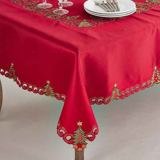 Fennco Styles Pandoro Collection Holiday Embroidered Christmas Tree Cutwork Border 67 x 140 Inch Tablecloth – Red Table Cloth for Christmas Dinner, Family Gathering, Special Events and Home Décor