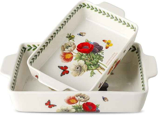 Ceramic Papaver rhoeas Baking Casserole Dish with Handles, Large 2 pieces 8x13 inch & 6x10 inch Lasagna Baking Dish and Middle Flower Andplant Baking Pan,Porcelain Serving Bakeware Set