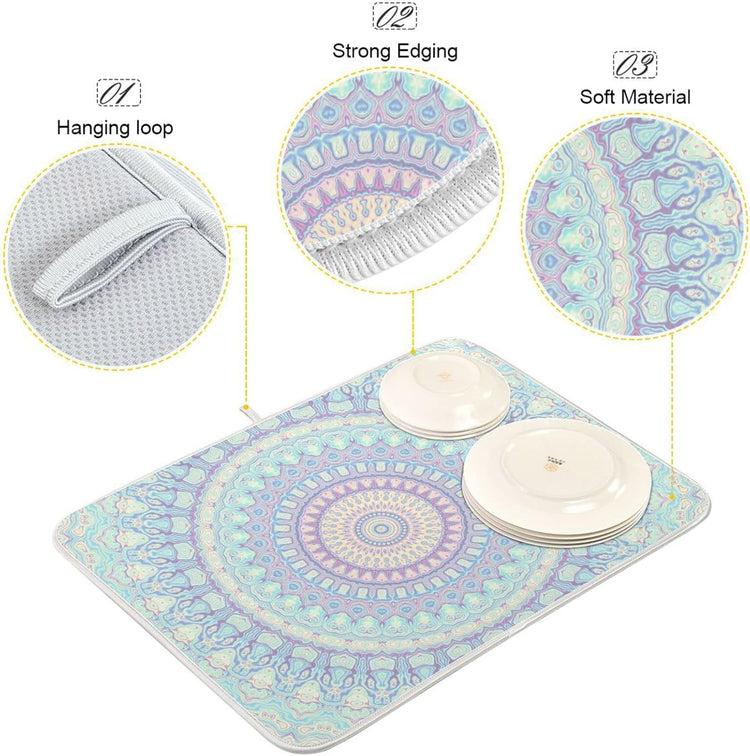 Mandala Bohemian Dish Drying Mat for Kitchen Counter Boho Ethnic Absorbent Microfiber Drying Pad, Medium 16x18 in, Reversible Drainer Mats