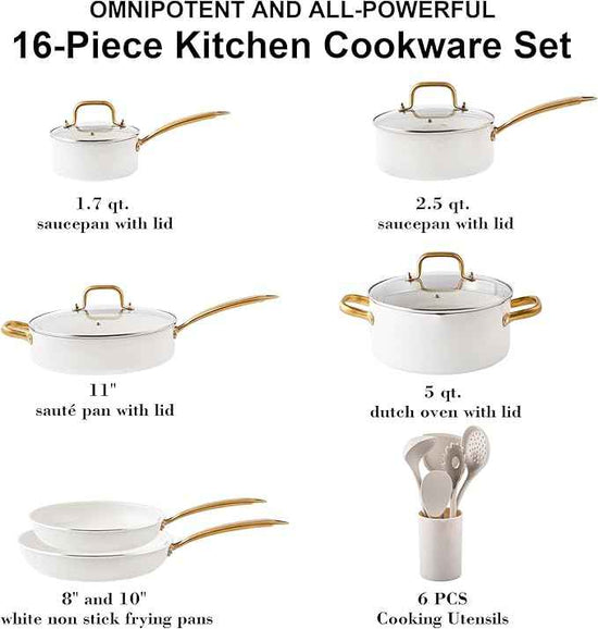 Pots and Pans Set - VONIKI Nonstick Granite Cookware Set, Gold Kitchen Cookware Sets, Non Toxic Cooking Pot Set, PFOA Free, Oven & Dishwasher Safe - Ideal Gift for Home Chefs