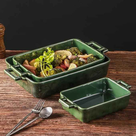 VICRAYS Ceramic Bakeware Set, Porcelain Rectangular Baking Dish, Baking Pan Lasagna Pans Casserole Dish Set for Cooking, Kitchen, Cake Dinner, Banquet and Daily Use, 3 PCS, 15 x 8.5 Inches(Green)
