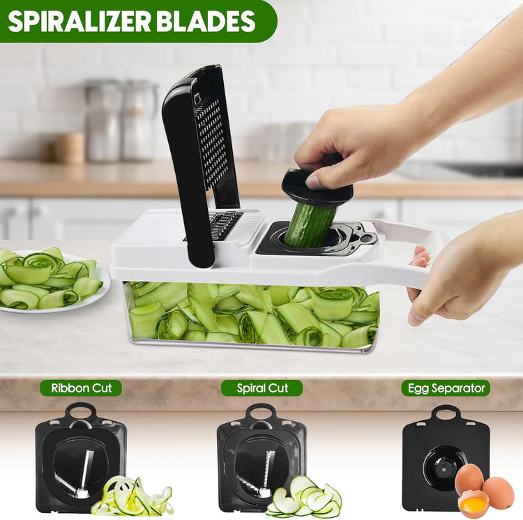 Vegetable Chopper, 10 Blades Slicer Onion Dicer, Multi 23-in-1 Veggie Mandoline Food Cutter for Tomato Fruit, Vegetable cutter with Hand Protector, Egg Separator & Slicer, Container（White）