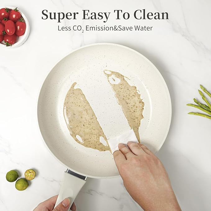 Ceramic Frying Pan Set with Lid - Non Stick Frying Pan with Lids, White Frying Pans Nonstick With Lid, Induction Skillet Set Egg Omelet Skillet Pan W/Lid, Healthy No Toxic Cookware Set, PFOA&PFAS Free