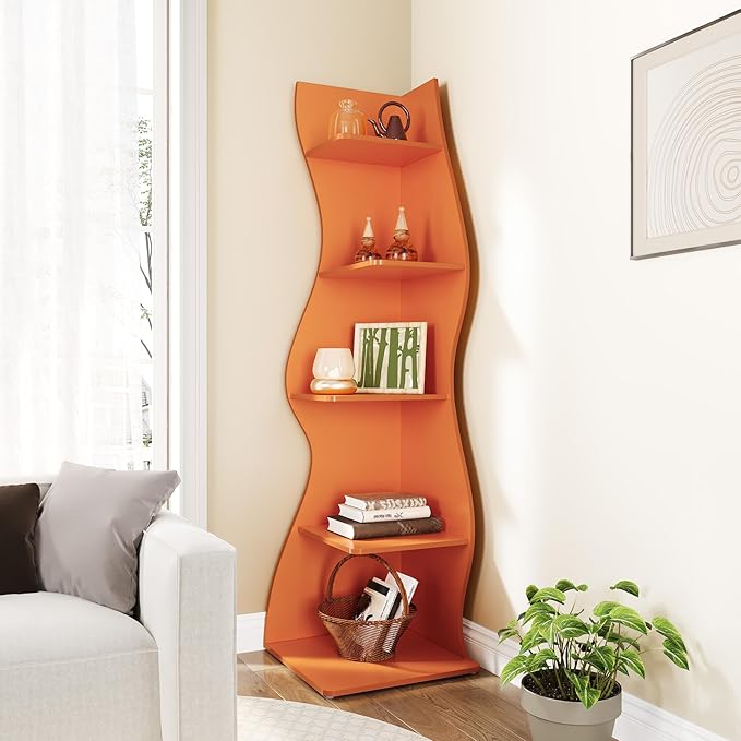 LITTLE TREE Small Corner Shelf, Modern 5-Tier Wall Corner Bookshelf, Stylish Bookcase Storage Rack for Small Space, Living Room, Bedroom