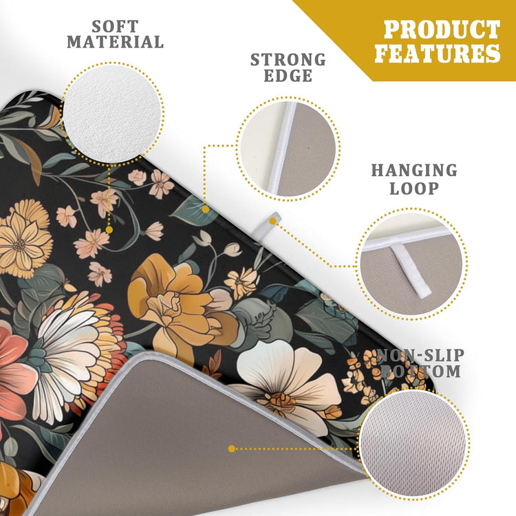 Vintage Floral Dish Drying Mat 18x24 inch Boho Flower Drainer Mats Fast Dry Absorbent Washable Dish Rack Pad Protector Kitchen Accessories