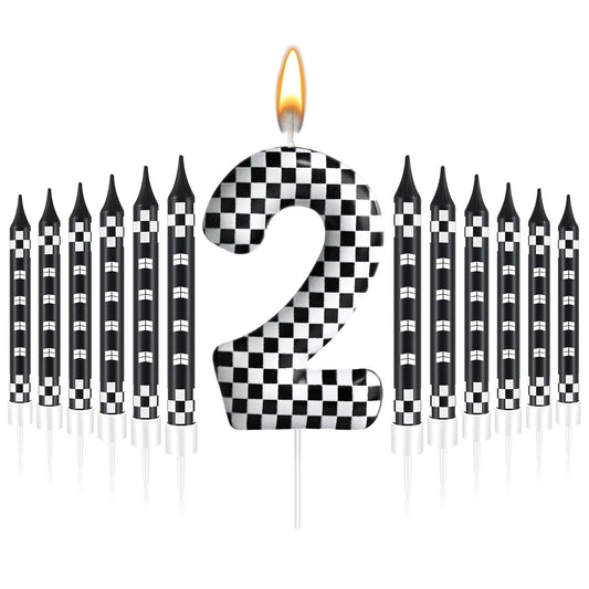 13 Pcs Racing Cars Themed Birthday Candles Black and White Race Number 2 Checkered Candle Cake Topper for Racing Car Party Decoration Supplies (13 Count)
