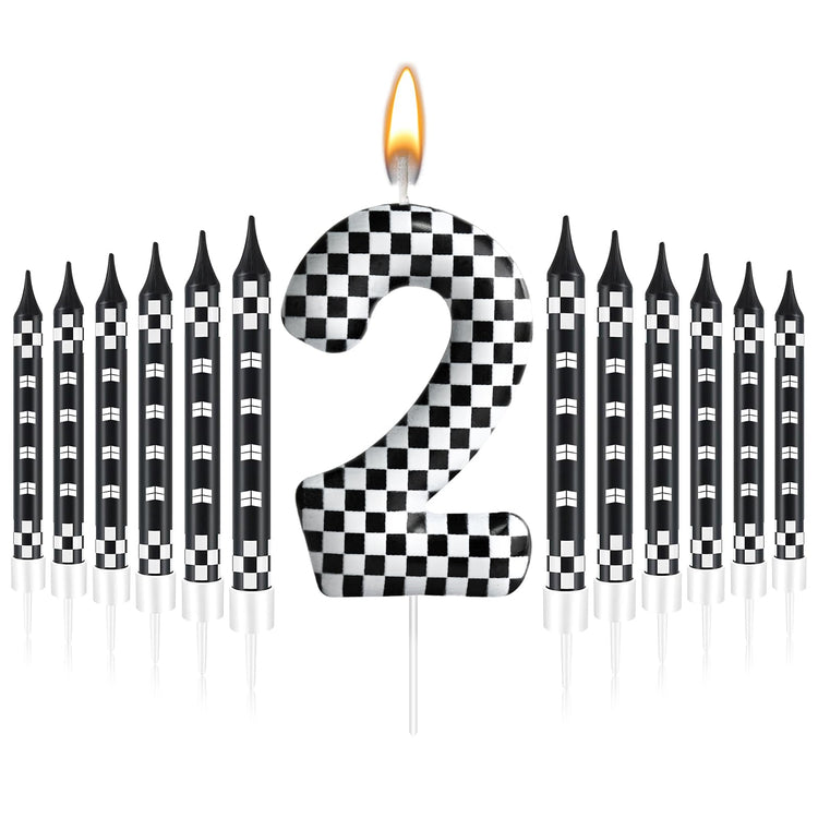 13 Pcs Racing Cars Themed Birthday Candles Black and White Race Number 2 Checkered Candle Cake Topper for Racing Car Party Decoration Supplies (13 Count)