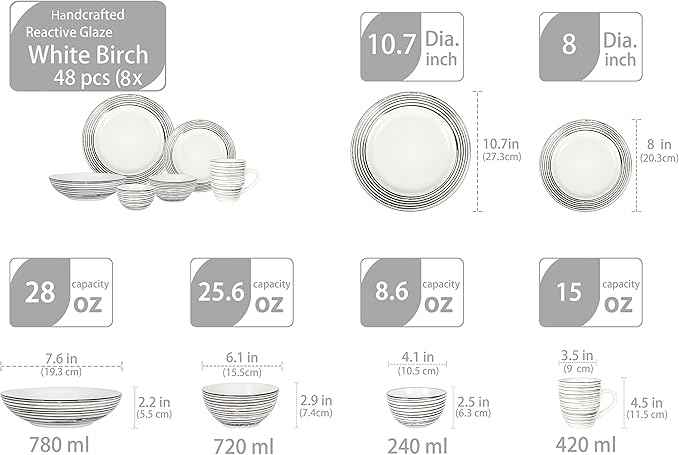 48 Piece Dinnerware Set, Ceramic Plates and Bowls Sets for 8, Microwave and Dishwasher Safe, Handcrafted Tree Bark Series Dish Set, White Birch