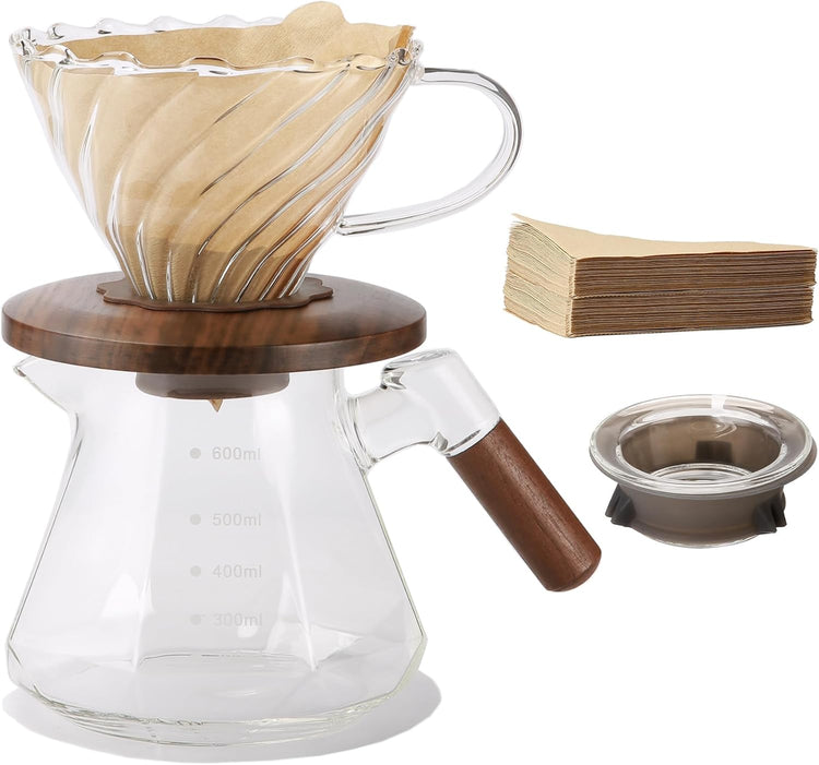 Pour Over Coffee Maker, 20 oz Borosilicate Glass Set with 100 pcs V60 Paper Filter, Coffee Dripper with Walnut Collar, Coffee Pot with Glass Lid, 1-3 Cups, Clear, (600 ml)