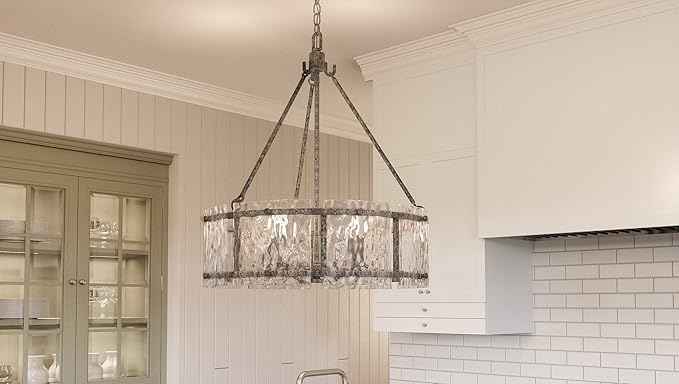 Quoizel Fortress Pendant Lighting, 21 Inch 5-Light Mottled Silver Drum Light, Max Adjustable Height 77", Textured Glass Pendant Light for Kitchen Island, Dining, Hallway or Bedroom