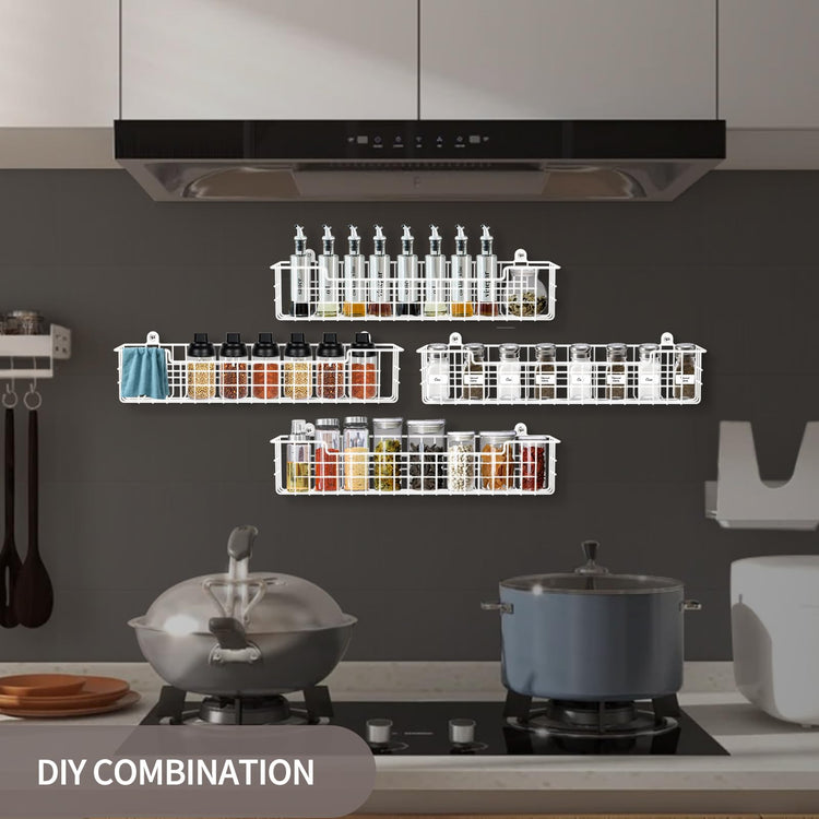 Spice Rack, 4-Pack Seasoning Organizer Wall Mount for Kitchen Storage Organization, Spice Holder Metal Shelf Saving Space for Cabinet, RV, Pantry, White (4 Count)