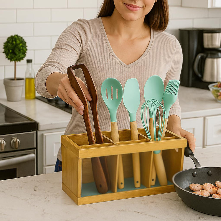 Wooden Utensil Holder Organizer with 6 Compartments