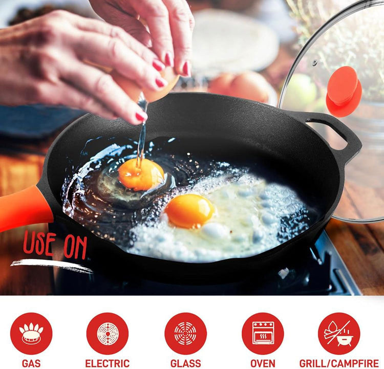 NutriChef 10 Inch Cast Iron Skillet with Lid - Pre-Seasoned Small Fry Pan with Side Drip Spout and Silicone Handle - Nestoria