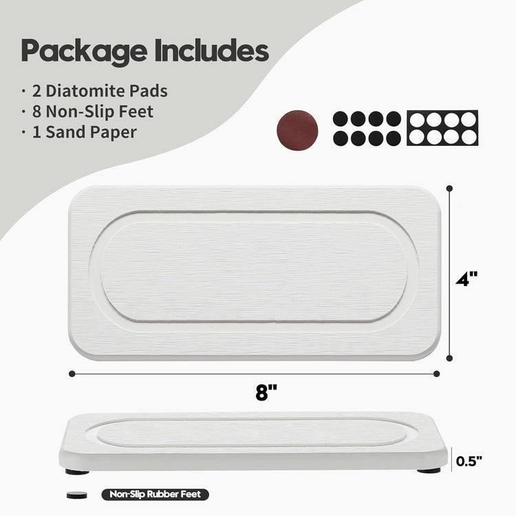 2Pack Water Absorbing Stone Tray for Sink, Diatomite Drying Coasters for Kitchen & Bathroom Counter, Kitchen Soap Dish Makeup Caddy, Dispenser Sponge Holder Space Organizer, White - 8"x 3.8"