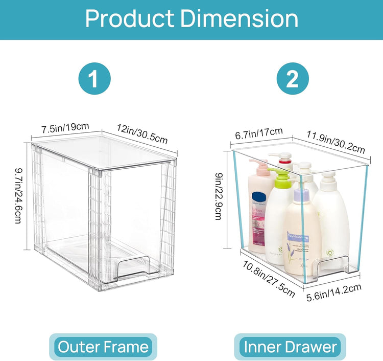 Vtopmart 4 Pack Clear Stackable Storage Drawers,9.7" High Plastic Organizers Bins for Skincare, Bathroom Supplies,Ideal for Cabinet,Undersink,Vanity,Kitchen,Pantry Organization