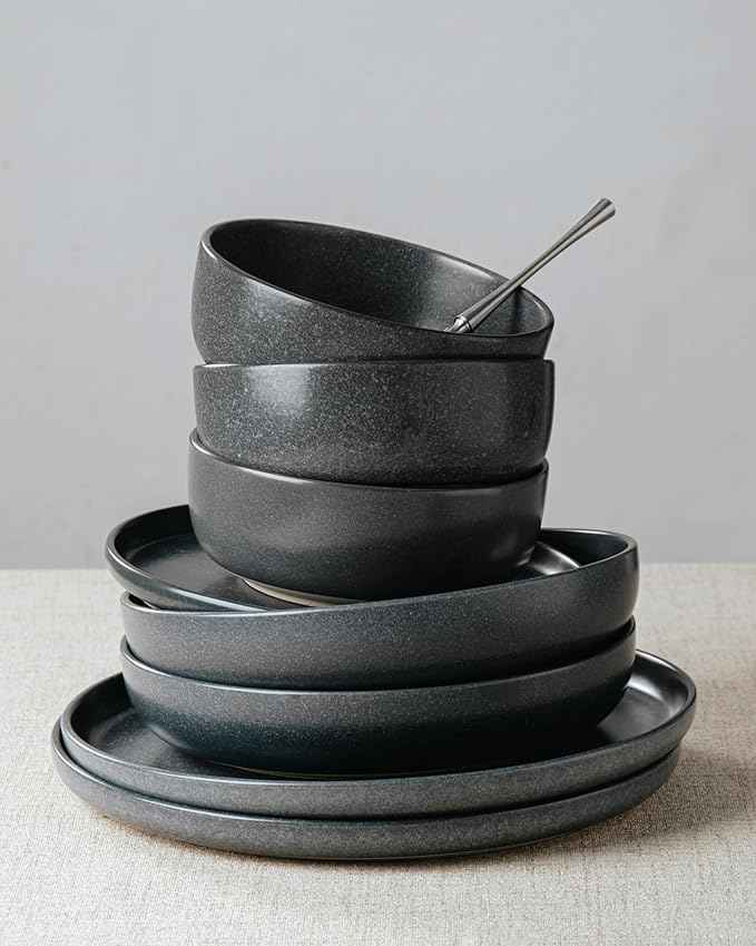 Famiware Milkyway Plates and Bowls Sets, 18 Pieces Dinnerware Sets, Reactive Glaze Dish Set, Stoneware Dishes Set for 6, Matte Dark Charcoal