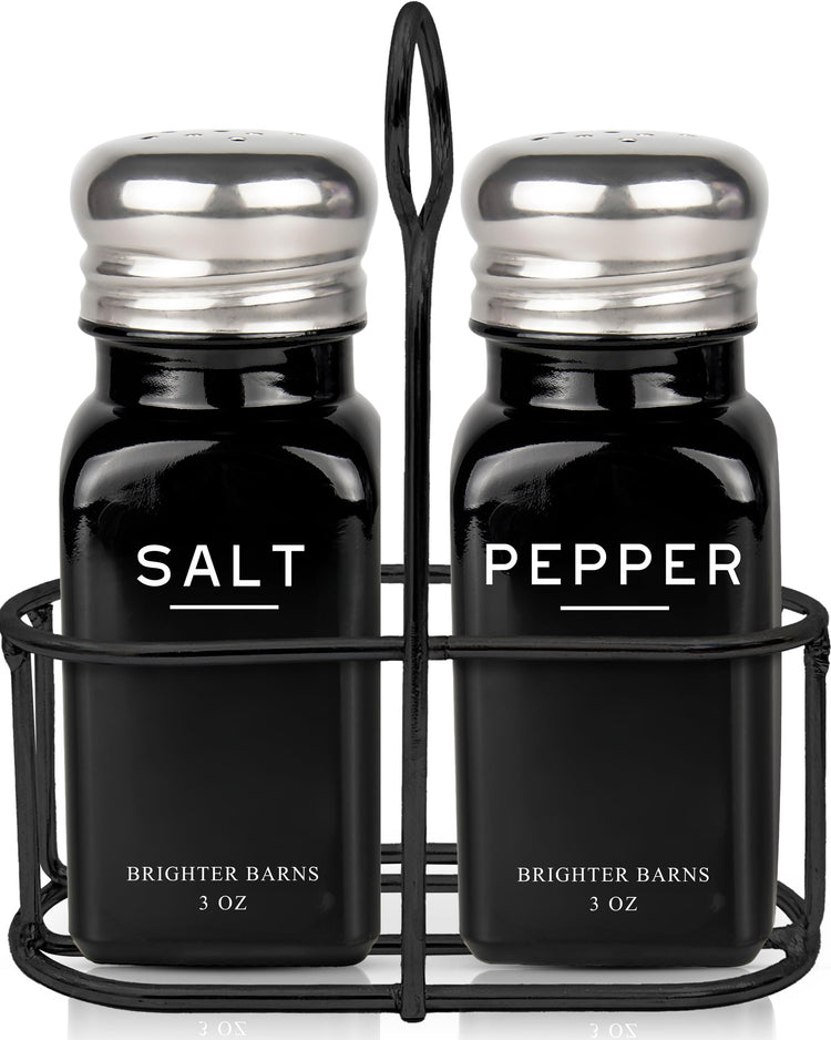 Black Salt and Pepper Shakers Set with Holder by Brighter Barns (2 Count)