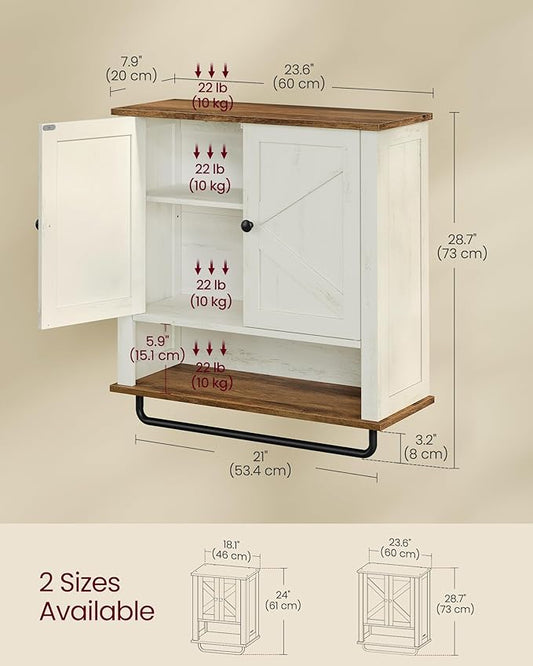 VASAGLE LIRY Collection - Bathroom Wall Cabinet, Farmhouse Wall-Mounted Medicine Storage Cabinet with 2 Barn Doors, Adjustable Shelf, Towel Bar, 7.9 x 23.6 x 28.7 Inches, Rustic White UBBK131W01S