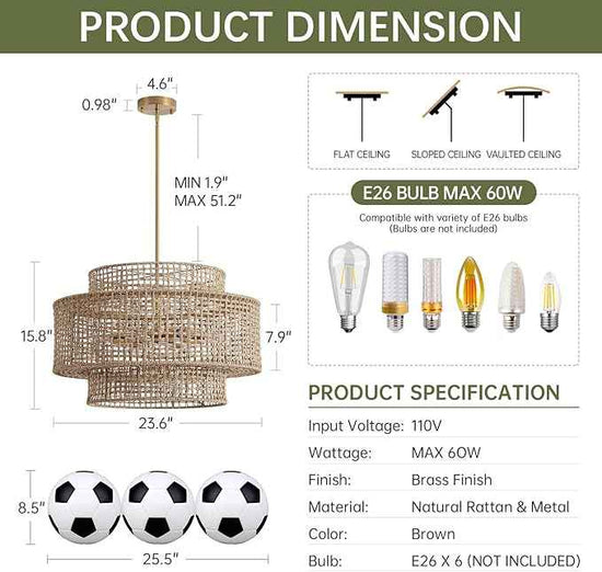 24” Rattan Chandelier for Dining Room, Large Boho 6-Light Rustic Chandeliers Light Fixture with Wicker Shade, Hand Woven Farmhouse Pendant Lighting for Kitchen Bedroom, Living Room, Foyer