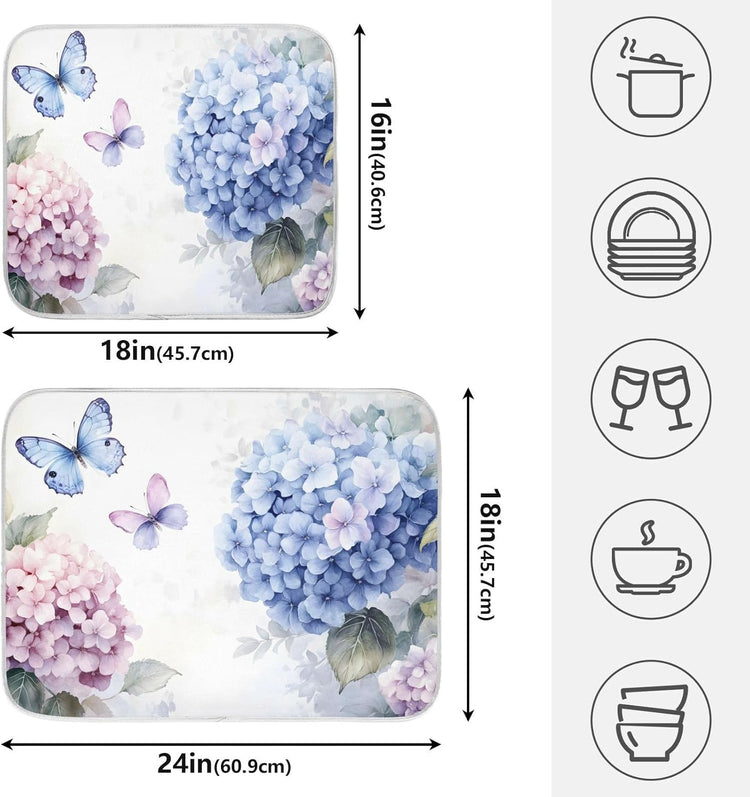 Blue Pink Hydrangea Spring Floral Dish Drying Mat for Kitchen Counter Absorbent Microfiber Large Drying Pad Dish mats for Kitchen Countertops 18 x 24 Inch