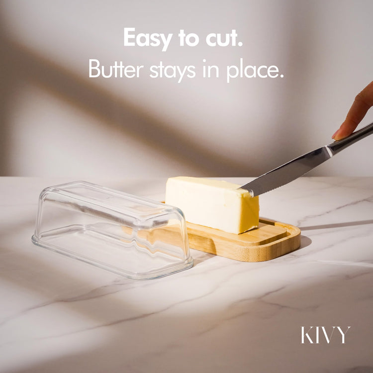 Glass butter dish with airtight lid that keeps butter soft