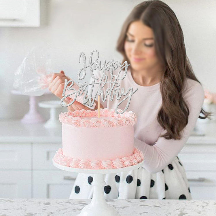 1 PCS Happy Birthday Cake Topper Glitter Happy Birthday Cake Pick for Celebrating Happy Birthday Anniversary Theme Party Cake Decorations Supplies Silver