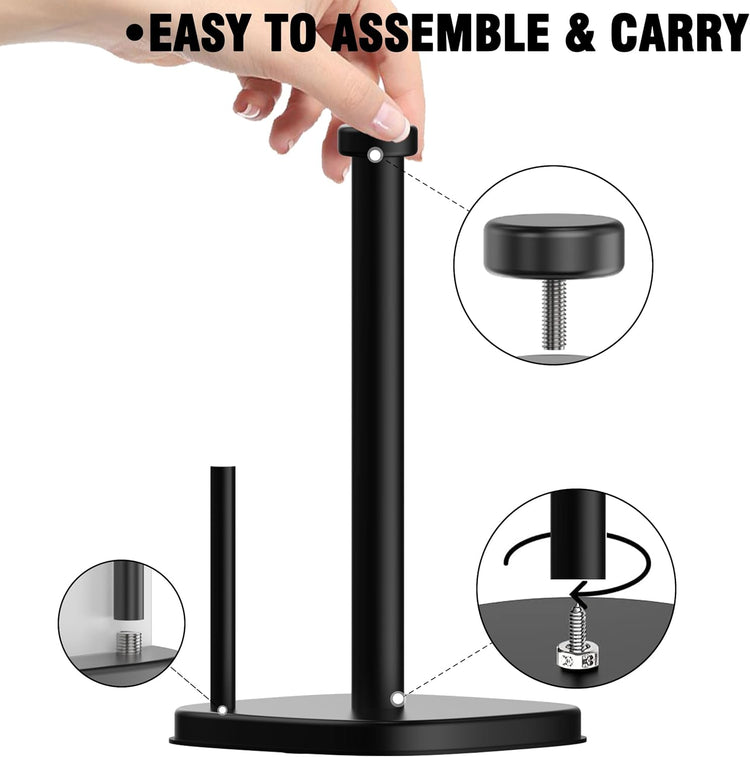 Paper Towel Holder Countertop, Standing Paper Towel Roll Holder for Kitchen Bathroom Organize, Stand with Weighted Base Suction Cups, Stainless Steel One-Handed Operation (Matte Black)