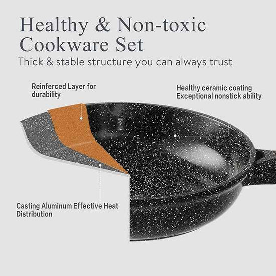 Pots and Pans Set Non Stick Non-Toxic 22 Pcs Ceramic Cookware Sets Nonstick Kitchen Pot&Pan With Lid Black Granite Induction Compatible with Glass Lids Crepe Frying Pan PFOA/PFOS-Free