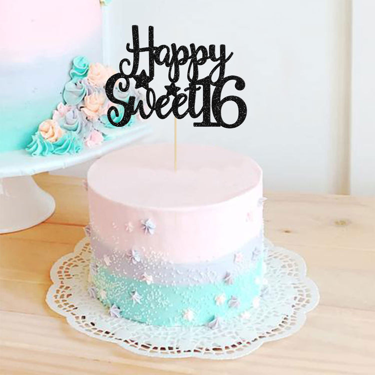 1Pc Happy Sweet 16 Cake Topper Glitter 16th Birthday Cake Pick for Cheers to 16 Years Old 16th Birthday Party Cake Decorations Supplies Black