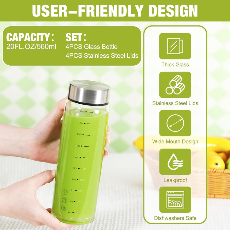 20oz Glass Juice Bottles – 4 Pack Reusable Wide Mouth Bottles with Stainless Steel Lids & Cleaning Brush, BPA-Free Water Bottles for Juicing, Smoothies, Milk, and Protein (600ml)