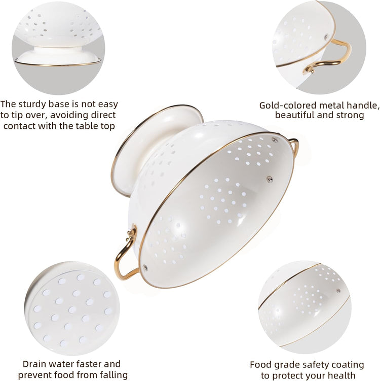 Metal Colander Set of 3, Strainer Basket with Handles perfect for Spaghetti, Pasta, Berry, Vegetable, Fruit, Solid Base Powder Coated Kitchen Essential Strainer Set, 1 & 3.5 & 5 Qt (Cream)
