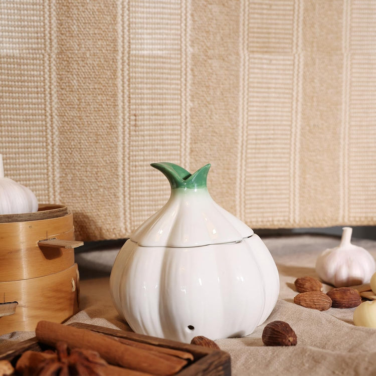 TOIVO Garlic Keeper for Counter，with Lid and Holes GarlicSaver,Garlic Holder Storage Container toKeep (white)