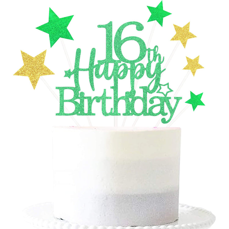 Green Gold 16th Birthday Cake Topper with Glittery Stars (7 Count)