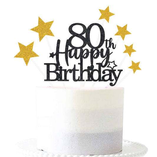 Black Gold 80th Birthday Cake Topper with Glittery Stars (7 Count)