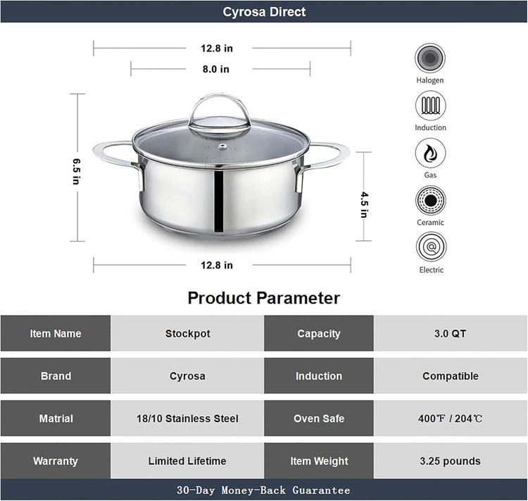 Tri-Ply Stainless Steel Sauce Pan with Steamer Basket & Straining Glass Lid — Heavy-Duty,Thick Base,Rust-Resistant,Warp-Free —100% Food-Grade —Built to Last– Works with All Stovetops, Pasta Pot 2.5 QT