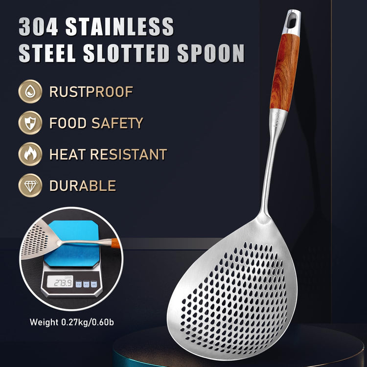 Large Slotted Spoon with Long Wooden Handle