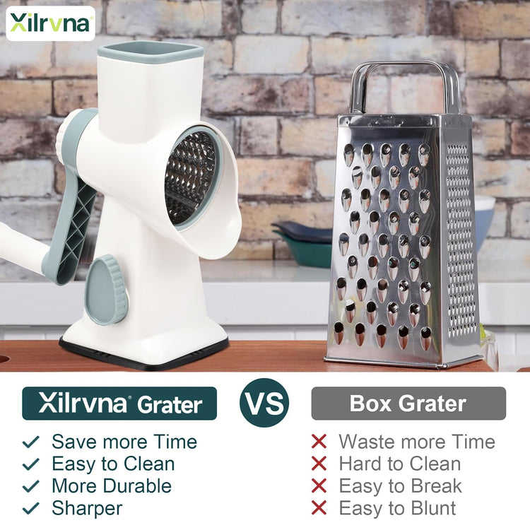 Rotary Cheese Grater with Handle Kitchen Shredder Slicer Grater Slicer Ice Shaver Cheese Vegetable Nuts Potato Zucchini Chocolate 3 Interchangeable Blades