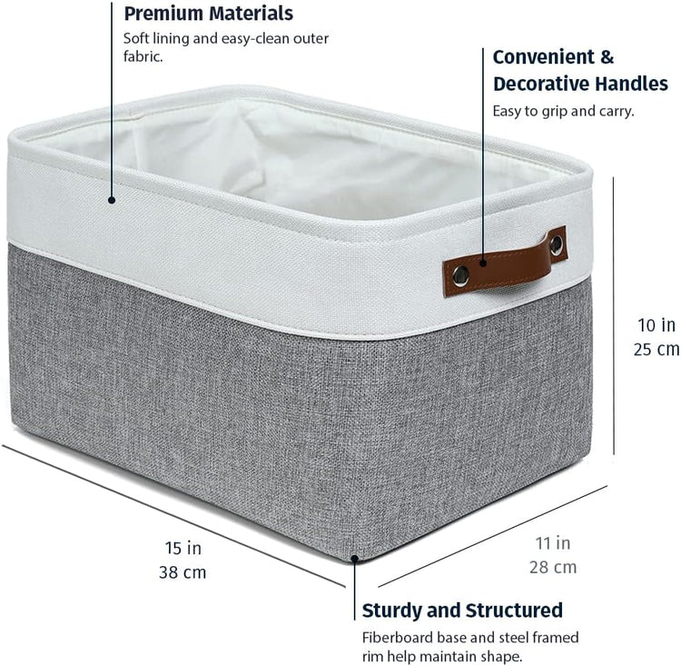 OrganiHaus Large Fabric Storage Baskets for Shelves 3 Pack, 15x11in Closet Storage Bins for Shelves, Cloth Baskets for Organizing, Linen Closet Organizers, Fabric Basket, Gray/White