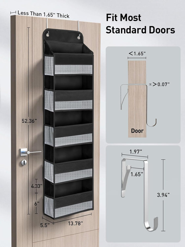 Yecaye 1 Pc Over the Door Organizer with 5 Bins 10 Side Pockets, 44lbs Load Hanging Bathroom and Bedroom Organizer, behind the Door Hanging Organizers for Nursery Newborn Baby Essential Stuff Black