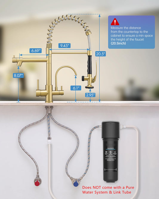 3 Way Kitchen Faucets with Sprayer and Water Filter Brushed Gold