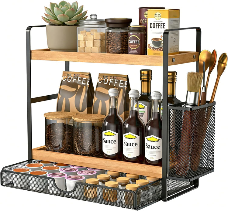 2 Tier Spice Rack Organizer for Countertop with Drawer and Basket