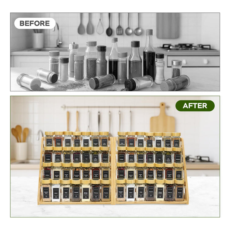 4Tier Bamboo Spice Rack Organizer with 28 Glass Spice Jars Empty 4 oz Jars