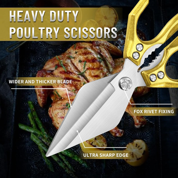 Heavy Duty Poultry Shears for Food with Golden Ergonomic Handle