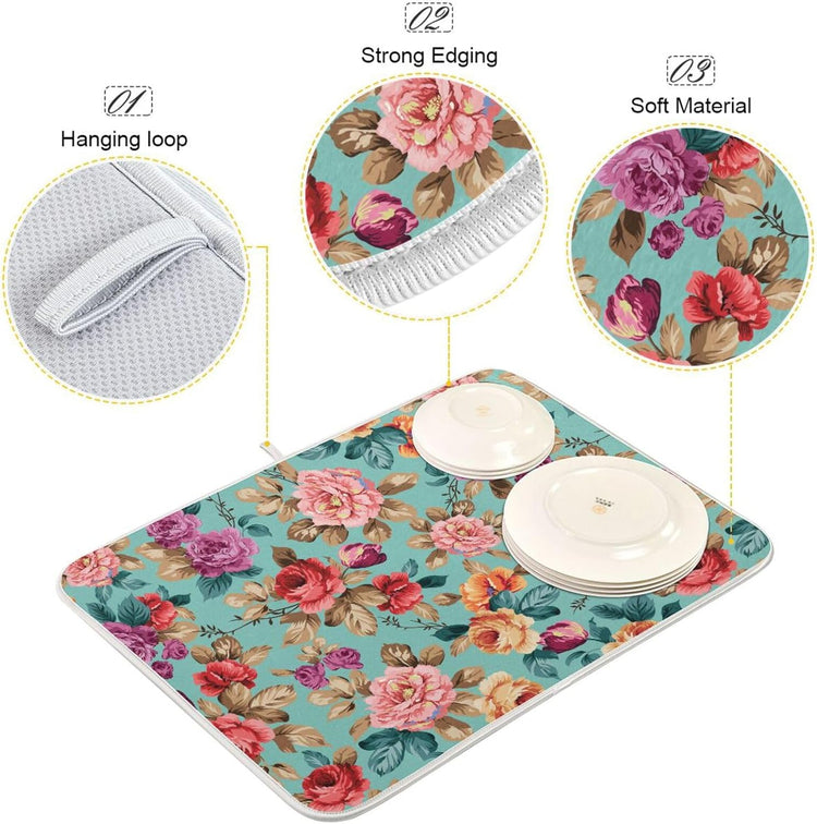 Colorful Flower Leaves Dish Drying Mat for Kitchen Counter Absorbent Microfiber Drying Pad, Medium 16x18 in, Reversible Drainer Mats