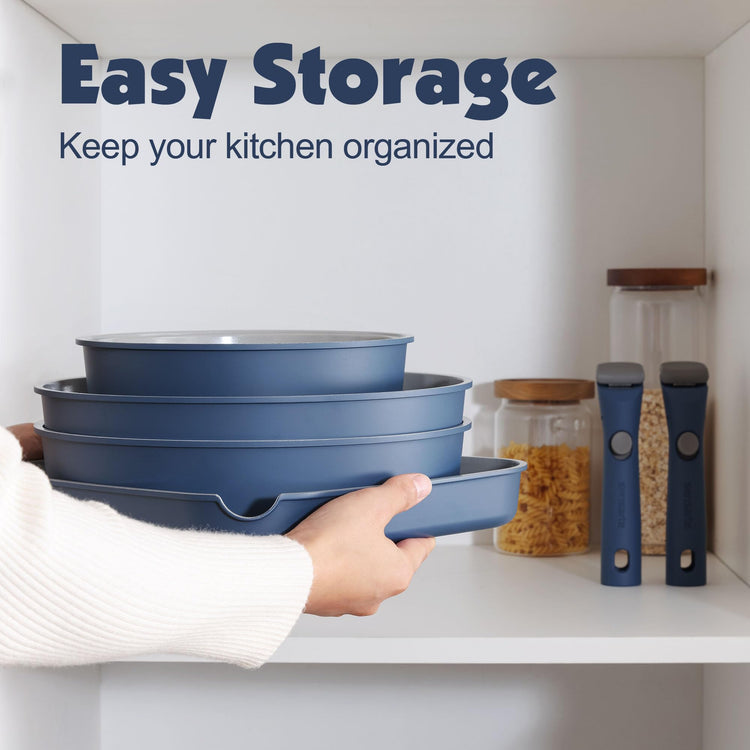 17 Piece Ceramic Detachable Handle Pots and Pans Set Navy