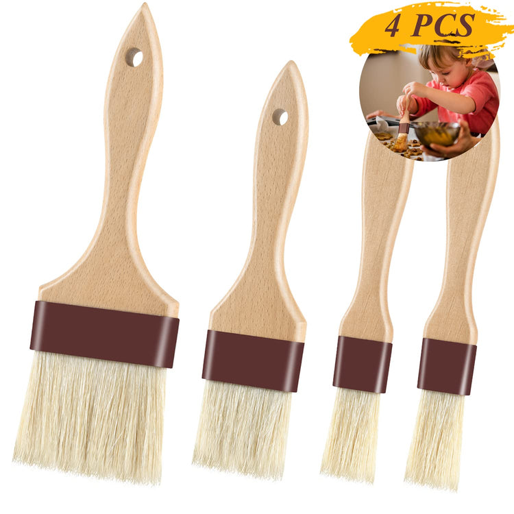 Pastry Brushes for Baking Basting Brush with Boar Bristles and Beech Hardwood Handles Culinary Oil Brush for Barbecue Butter Grill BBQ Sauce Baster Marinade Kitchen Food Cooking Brushes 4PCS